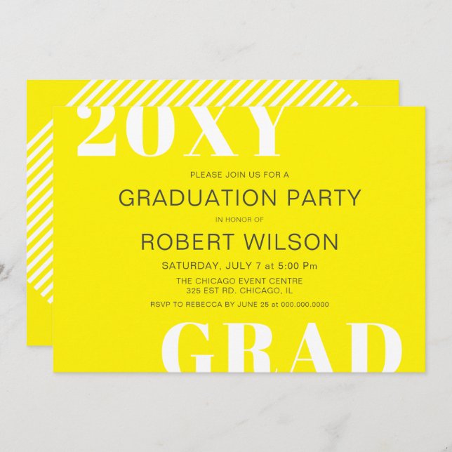 Invitation Jaune Blanc Téméraire Typographie Parti de Graduat (Devant / Derrière)