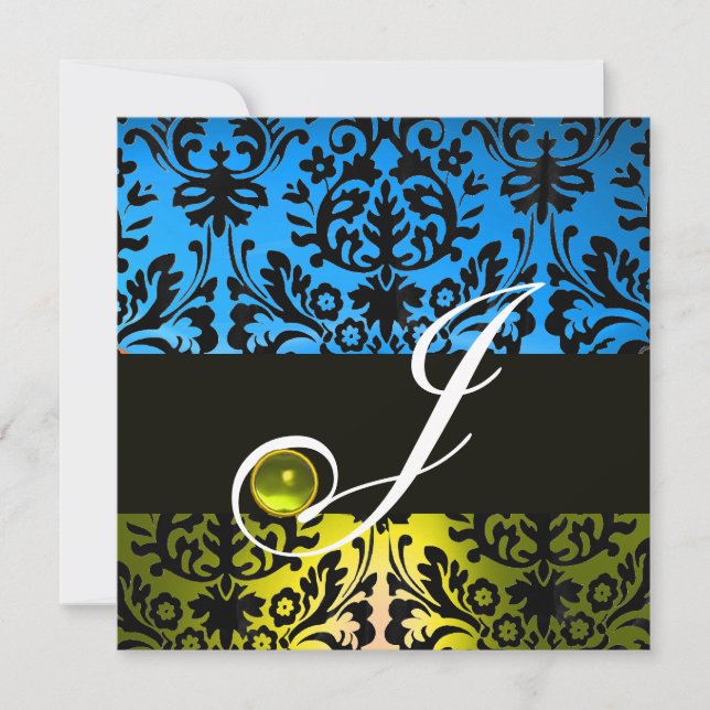 Invitation JAUNE BLEU BLACK DAMASK MONOGRAM Topaz (Devant)