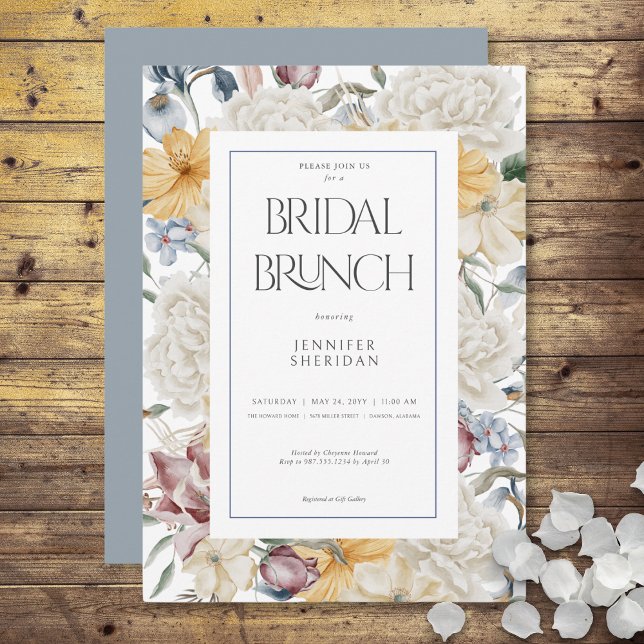 Invitation Jaune Bleu & Blanc Floral Blanc Brunch de Mariage (Yellow Blue & White Floral White Bridal Brunch Invitation)