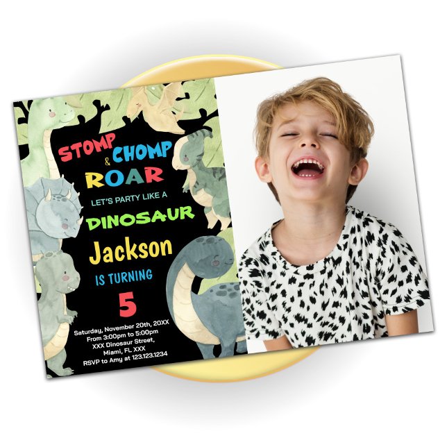 Invitation Jaune Bleu Vert Dinosaure Anniversaire Avec Photo (Yellow Blue Green Dinosaur Birthday With Photo Invitation)