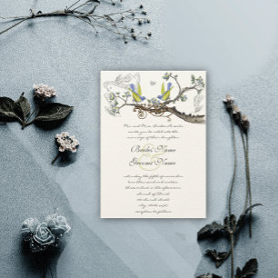 Invitation Jaune & Bleu Vintage Oiseaux Mariage Inviter