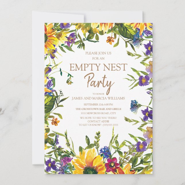 Invitation Jaune bleu violet Floral Vide Nest Party (Devant)