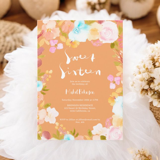 Invitation Jaune boho floral script d'aquarelle douce 16 (Yellow boho floral watercolor script Sweet 16 Invitation)