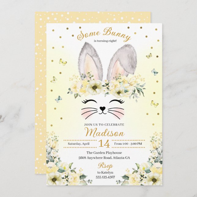 Invitation Jaune Boulet de printemps Oreilles Fleur Couronne  (Devant / Derrière)