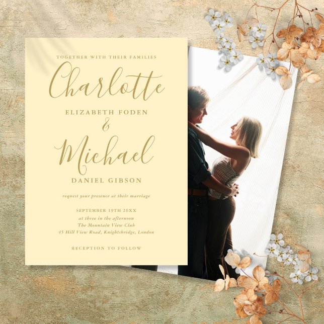 Invitation Jaune Bouton d'Or Et Or Script Photo Mariage (Buttercup Yellow And Gold Script Photo Wedding Invitation)