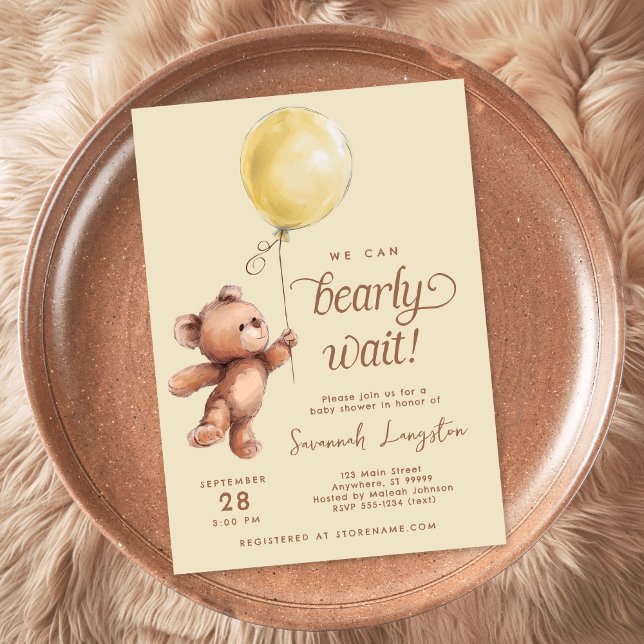 Invitation Jaune Brown Genre Neutre Baby shower Ours Teddy (Créateur téléchargé)