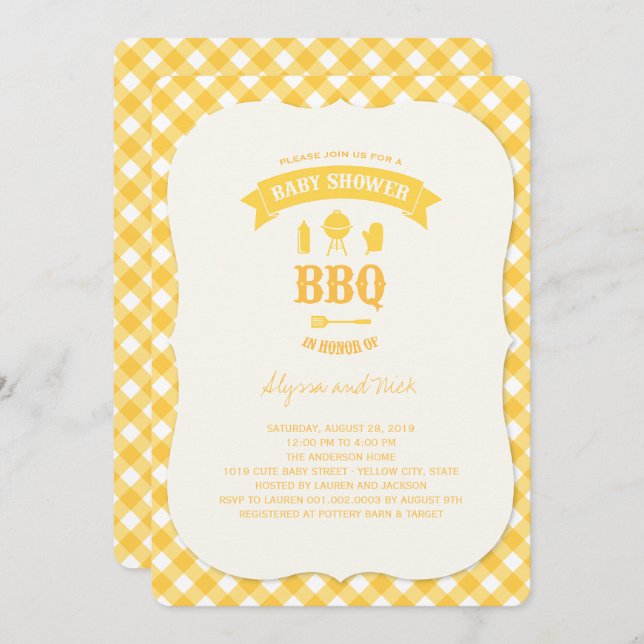 Invitation Jaune Chèques BBQ Neutre Baby shower été fête (Devant / Derrière)
