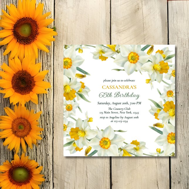 Invitation Jaune Chic Blanc Daffodique Floral Anniversaire (Créateur téléchargé)