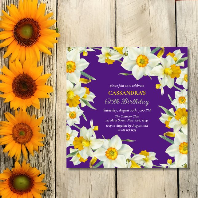 Invitation Jaune Chic Blanc Daffodique Floral Purple Annivers (Créateur téléchargé)