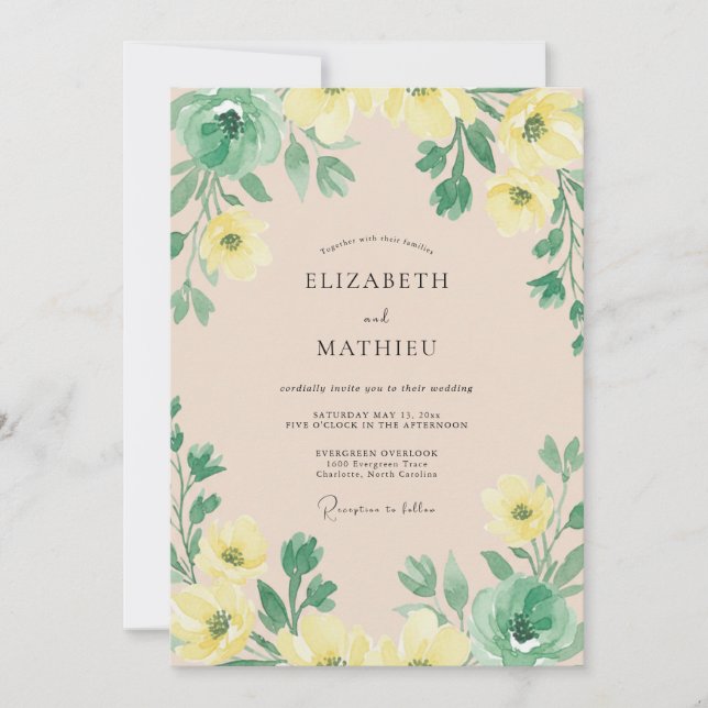 Invitation Jaune Citron Aquarelle Botanique Mariage (Devant)