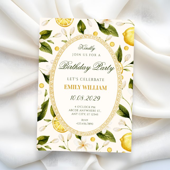 Invitation Jaune citron floral sans couture pour anniversaire (Créateur téléchargé)