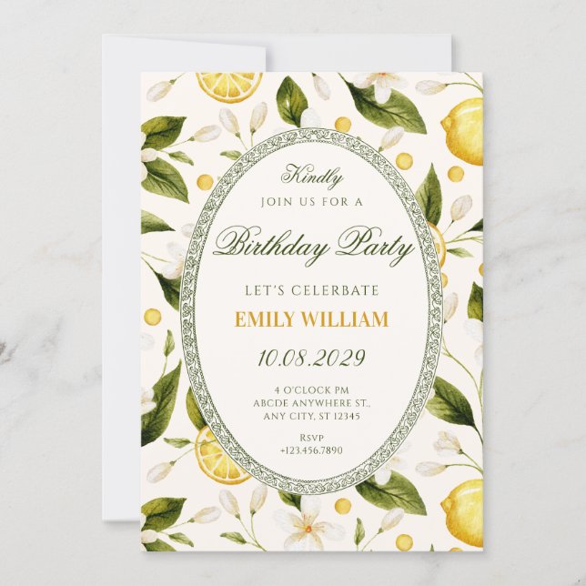Invitation Jaune citron floral sans couture pour anniversaire (Devant)
