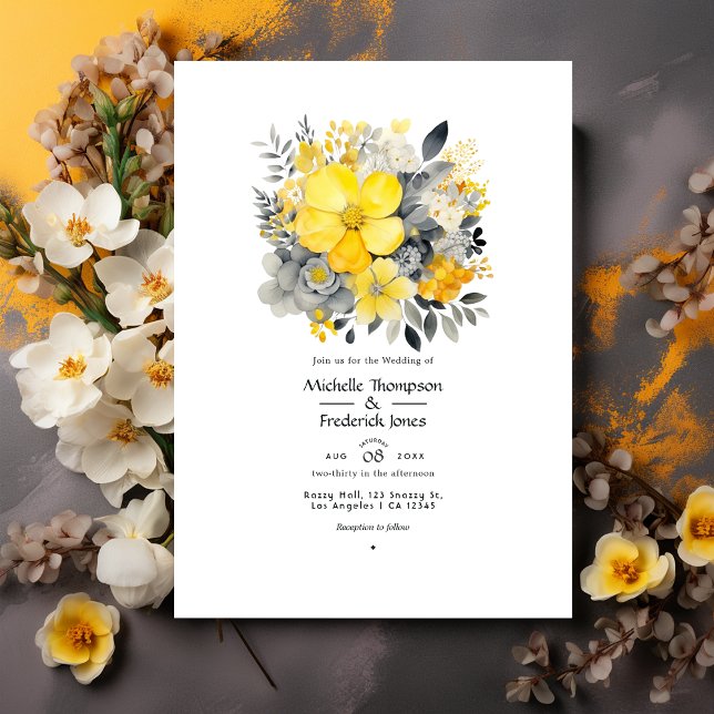 Invitation Jaune citron, gris orageux et mariage gris clair (Créateur téléchargé)