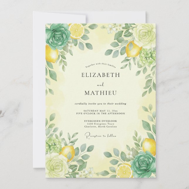 Invitation Jaune Citron Mariage d'Été Zesté (Devant)
