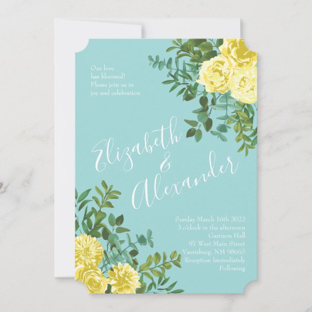 Invitation Jaune clair et Aqua Rose Turquoise Mariage Floral (Devant)