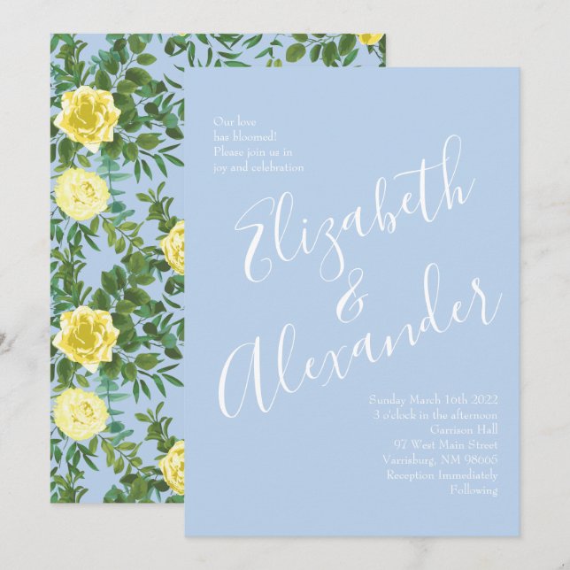 Invitation Jaune clair et bleu pâle Rose Mariage floral (Devant / Derrière)