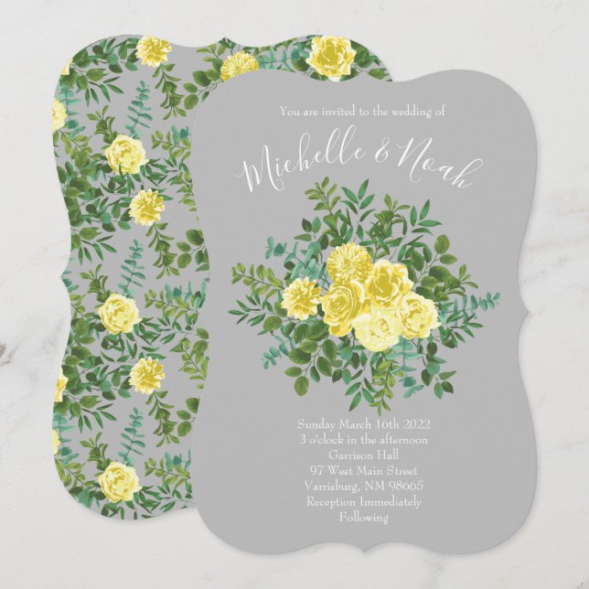 Invitation Jaune clair et gris pivoine et Rose Mariage floral (Devant / Derrière)
