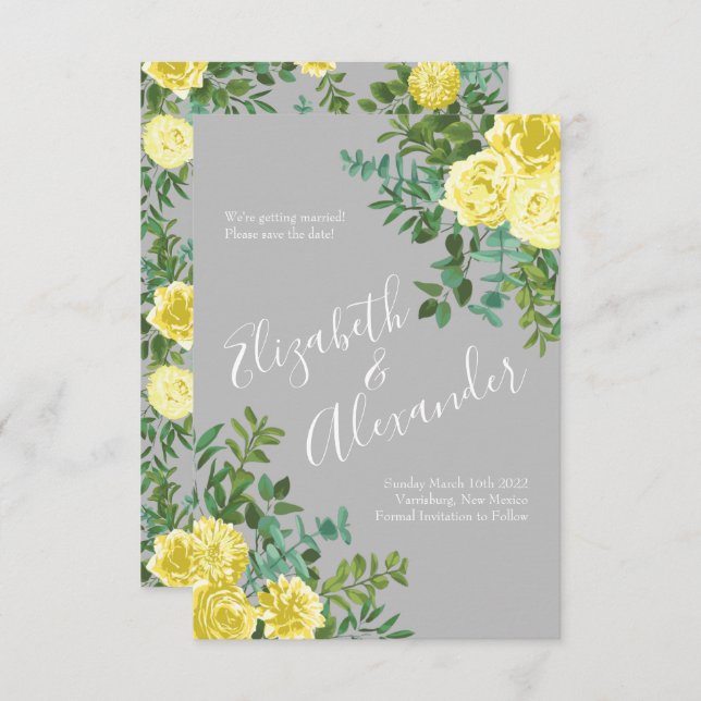 Invitation Jaune clair et gris Rose Floral Mariage Date de sa (Devant / Derrière)