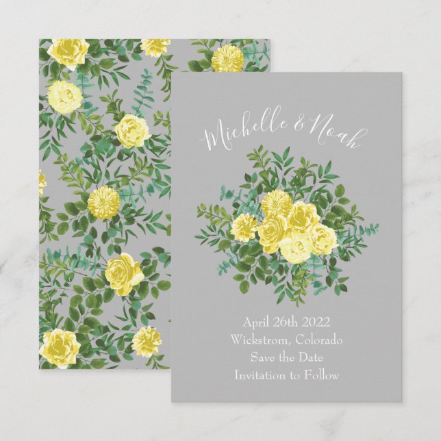 Invitation Jaune clair et gris Rose Floral Mariage Date de sa (Devant / Derrière)