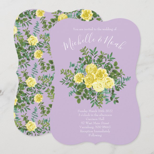 Invitation Jaune clair et Lilac Violet Rose Mariage Floral (Devant / Derrière)