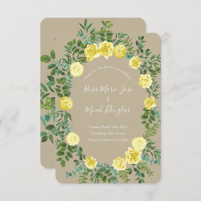 Invitation Jaune clair et Mariage écru Khaki Date de sauvegar (Devant / Derrière)