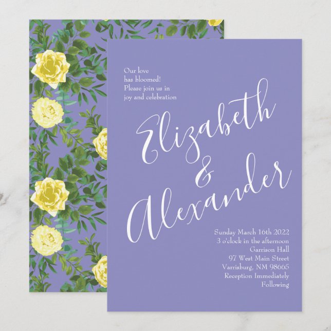 Invitation Jaune clair et périphérique Rose bleu Mariage flor (Devant / Derrière)