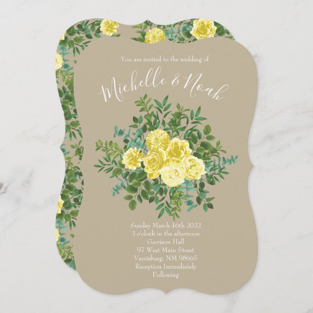 Invitation Jaune clair et Rose écru kaki Mariage floral (Devant / Derrière)