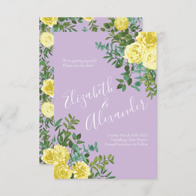 Invitation Jaune clair & Lilac Purple Rose Mariage Date de sa (Devant / Derrière)