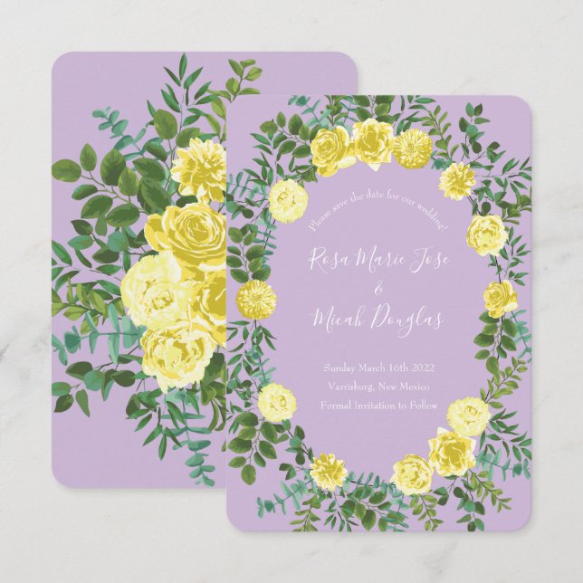 Invitation Jaune clair & Lilac Purple Rose Mariage Date de sa (Devant / Derrière)