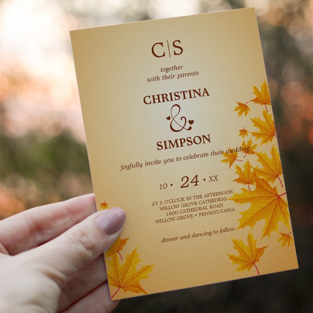 Invitation Jaune Classique d'automne feuille mariage (Yellow Classic autumn maple leaves wedding Invitation)