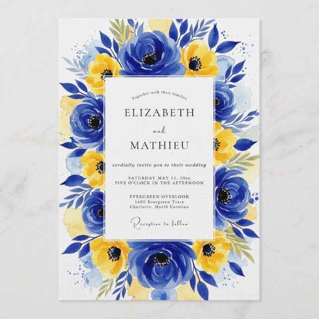 Invitation Jaune cobalt Fleurs floraison Mariage (Devant)