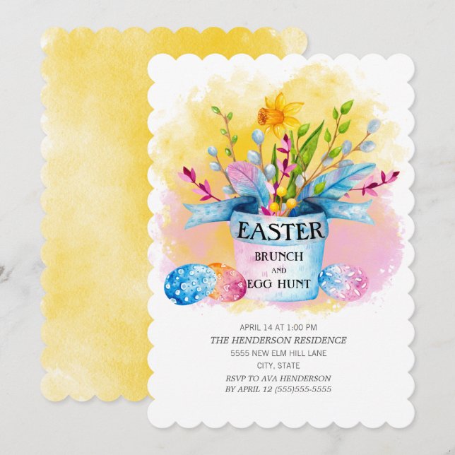Invitation Jaune Daffodils Rose Pâques Brunch Chasse aux oeuf (Devant / Derrière)