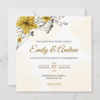 Invitation Jaune Daisy Aquarelle Florale Carrée Mariage