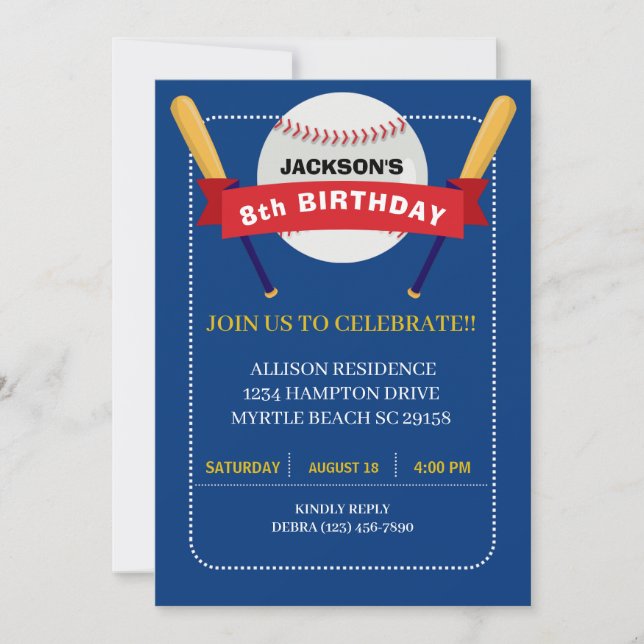Invitation Jaune de base-ball de la marine Boys fête d'annive (Devant)