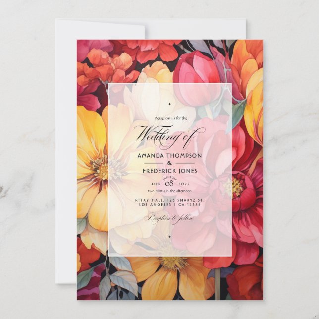 Invitation Jaune Doré et Rouge à Lèvres Floral Mariage (Devant)