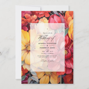 Invitation Jaune Doré et Rouge à Lèvres Floral Mariage