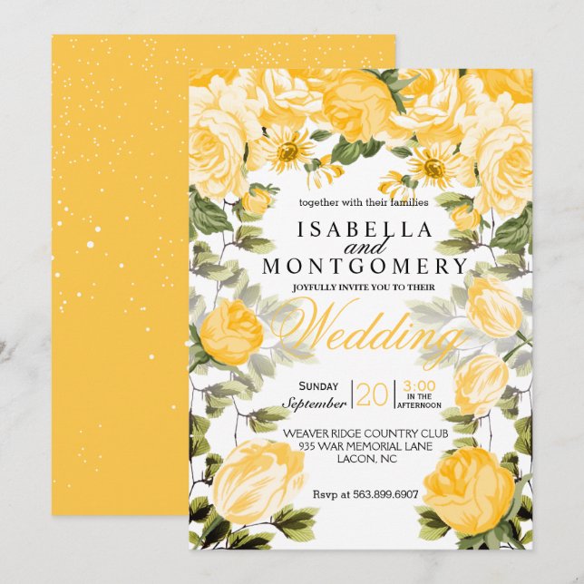 Invitation Jaune doré floral botanique mariage (Devant / Derrière)