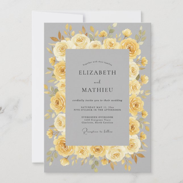 Invitation Jaune Doré Raffiné Fleurs de Mariage (Devant)