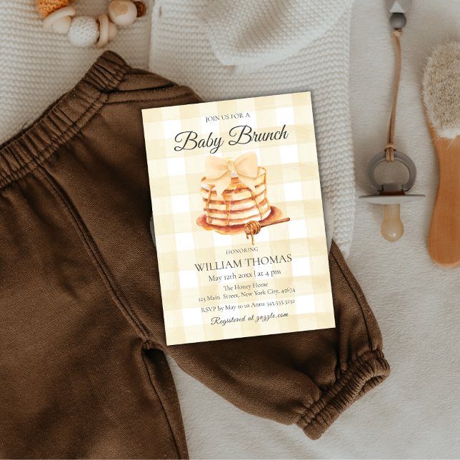 Invitation Jaune En vichy Bow Bébé Brunch Baby shower de crêp (Yellow Gingham Bow Baby Brunch Pancake Baby Shower Invitation)