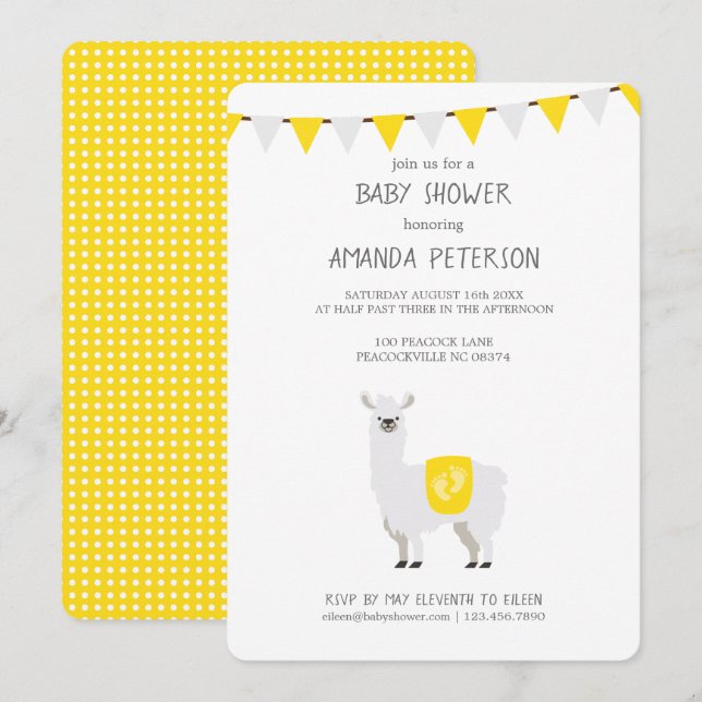 Invitation Jaune et blanc Baby shower Llama neutre pour le ge (Devant / Derrière)