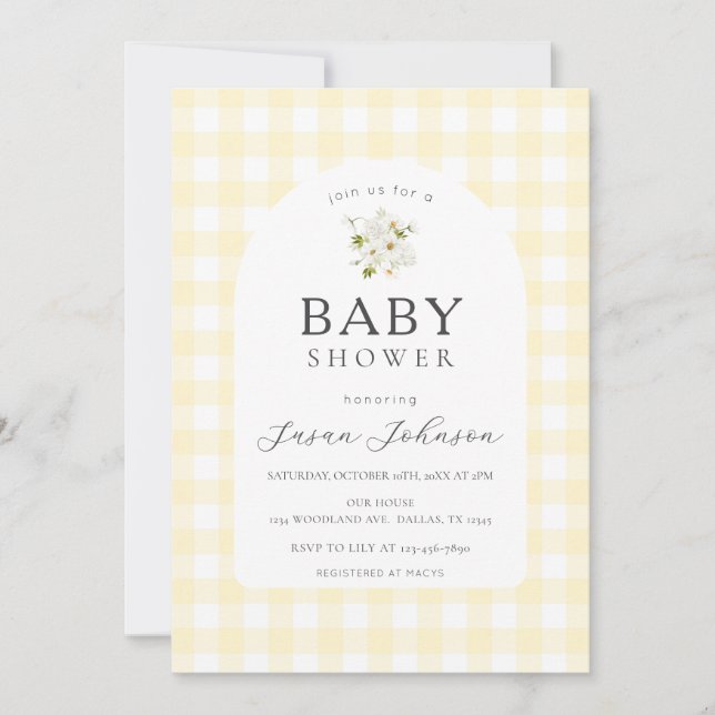 Invitation Jaune et blanc Buffalo Check Plaid Baby shower (Devant)