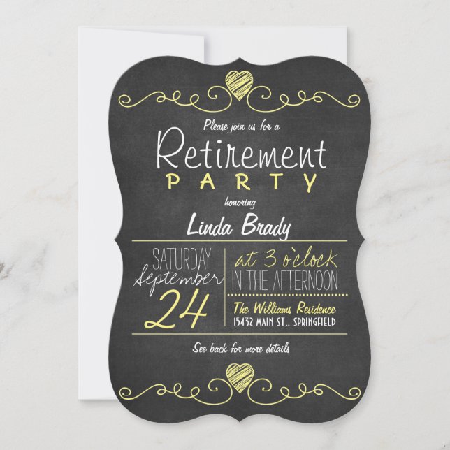Invitation Jaune et Blanc Chalkboard Retraite Party (Devant)