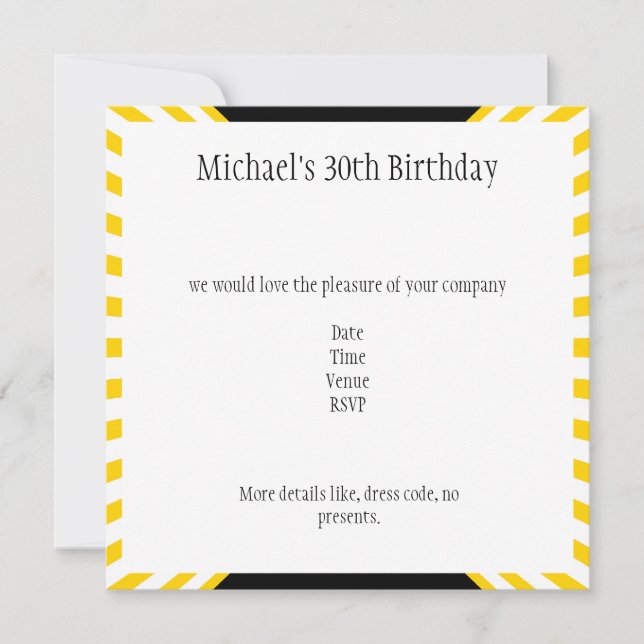 Invitation Jaune et blanc rayures rétro avec anniversaire noi (Devant)