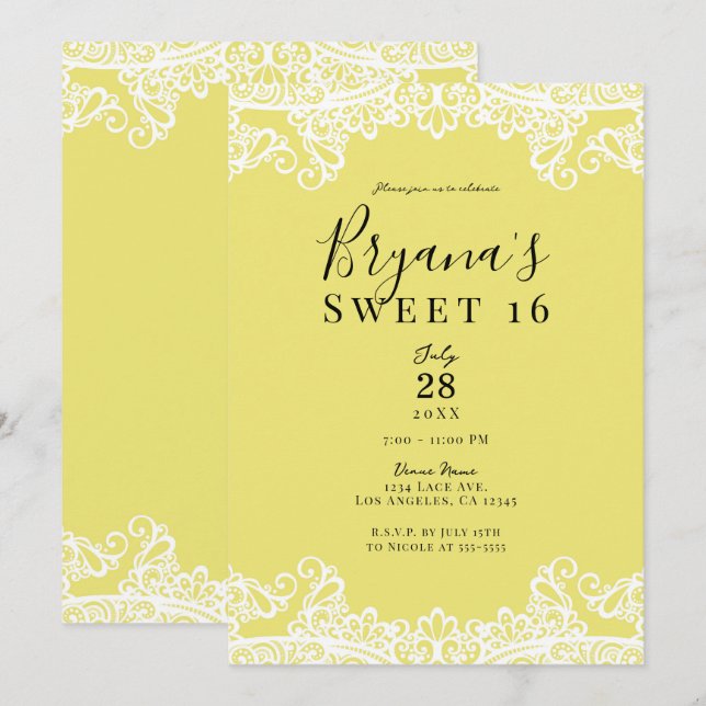 Invitation Jaune et dentelle blanche Élégante fête douce 16 (Devant / Derrière)