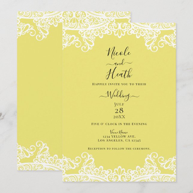 Invitation Jaune et dentelle blanche Mariage élégant (Devant / Derrière)