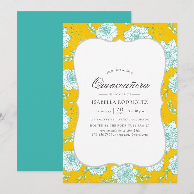 Invitation Jaune et floral sarcelle Quinceañera (Devant / Derrière)