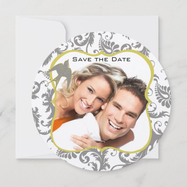 Invitation Jaune et gris damassé vintage oiseau (Devant)