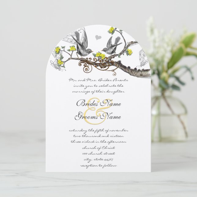 Invitation Jaune et Gris Oiseaux Vintages Mariage Inviter (Debout devant)