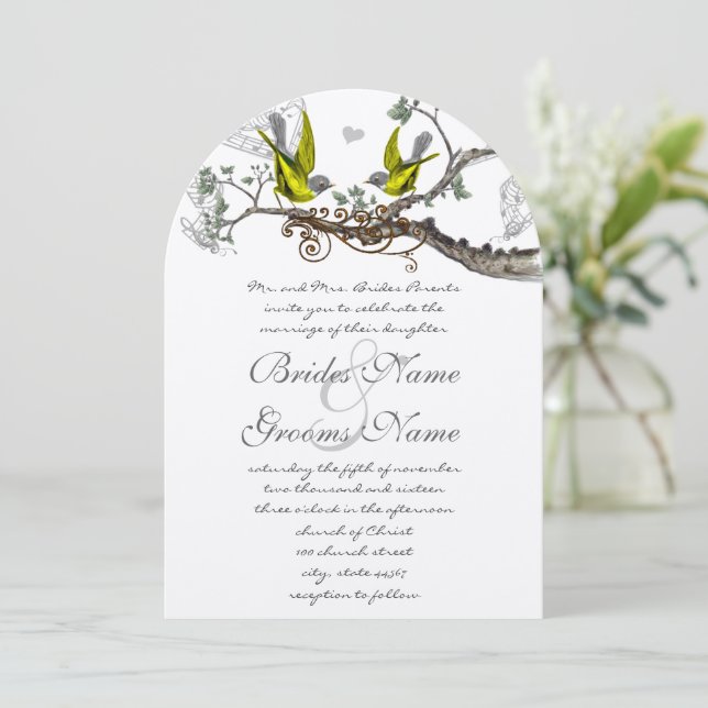 Invitation Jaune et Gris Oiseaux Vintages Mariage Inviter (Debout devant)