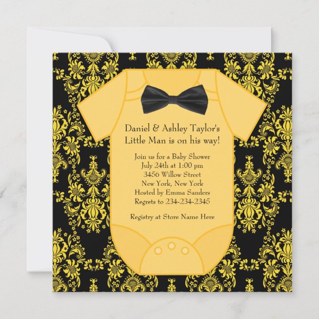 Invitation Jaune et noir damassé bébé garçon showe (Devant)